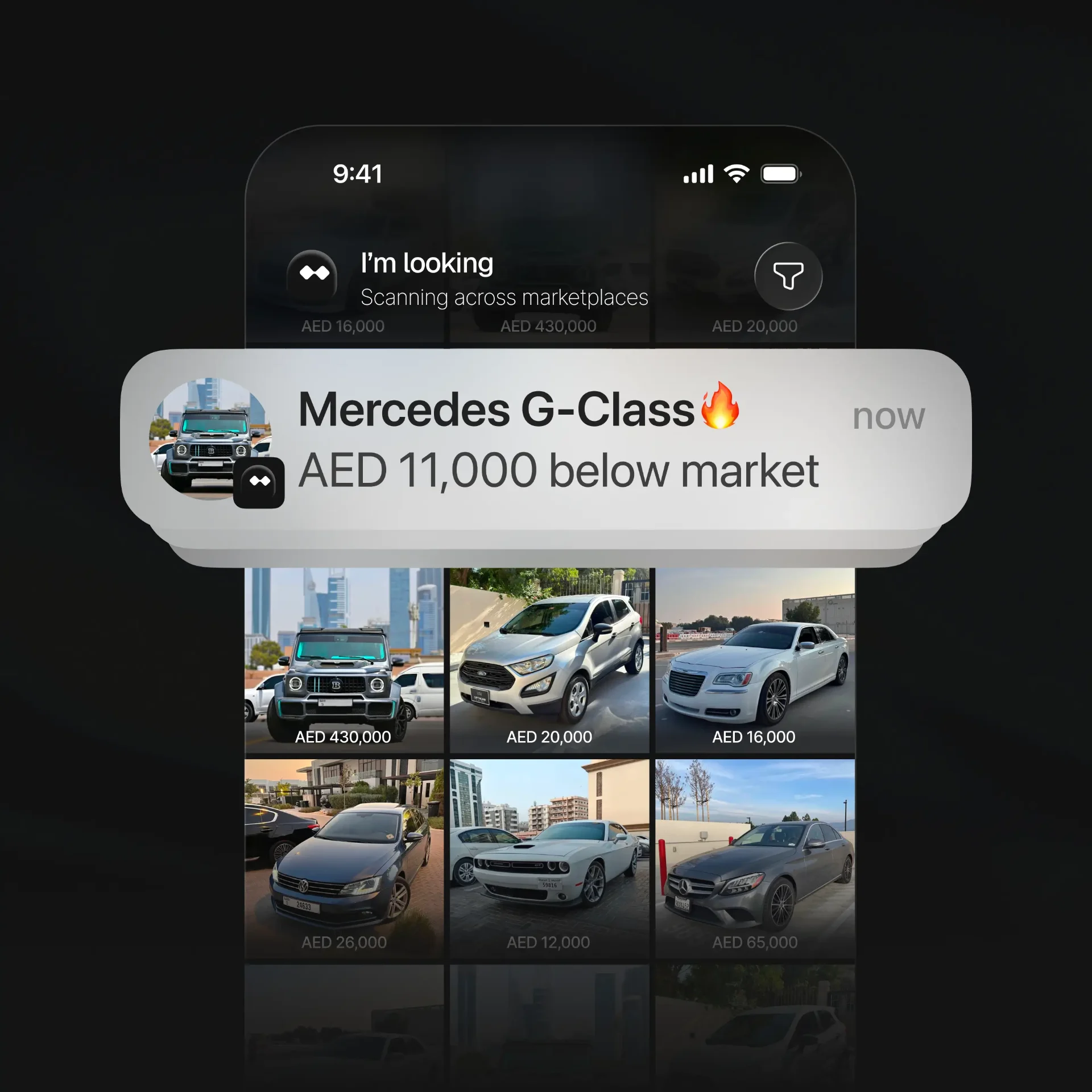 Seeker notification surfacing a below-market Mercedes G-Class